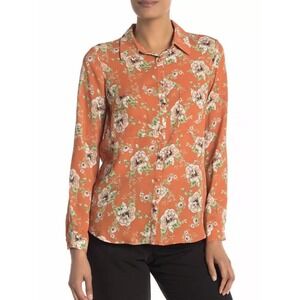 Womens Pleione Orange Floral Print Button Down Blouse Small NWT cottagecore boho
